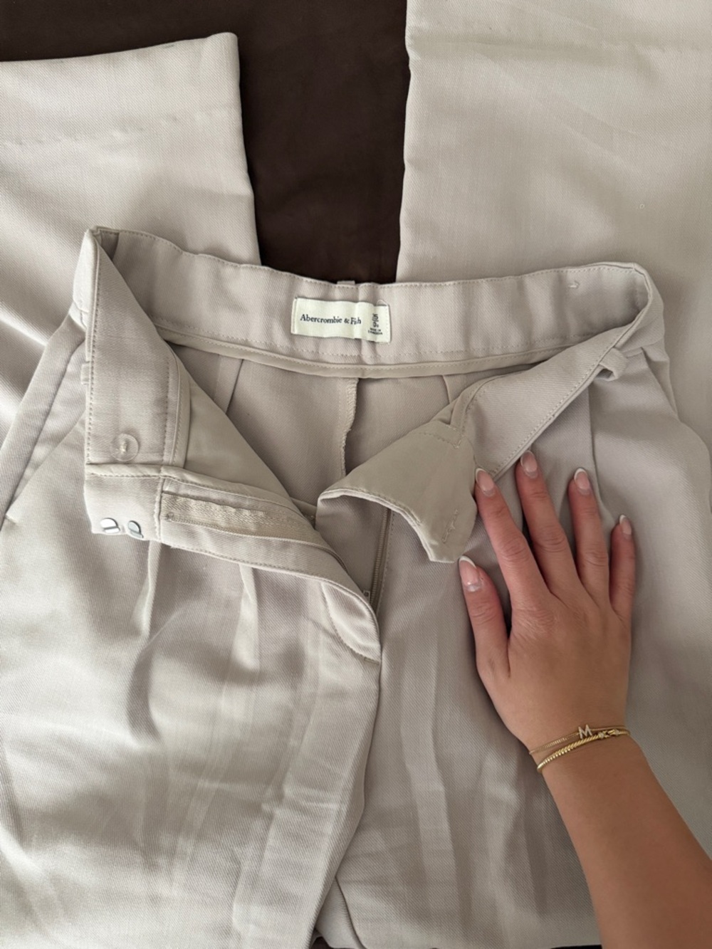Abercrombie & Fitch Neutral Light Taupe Pleated Wide-Leg Trousers